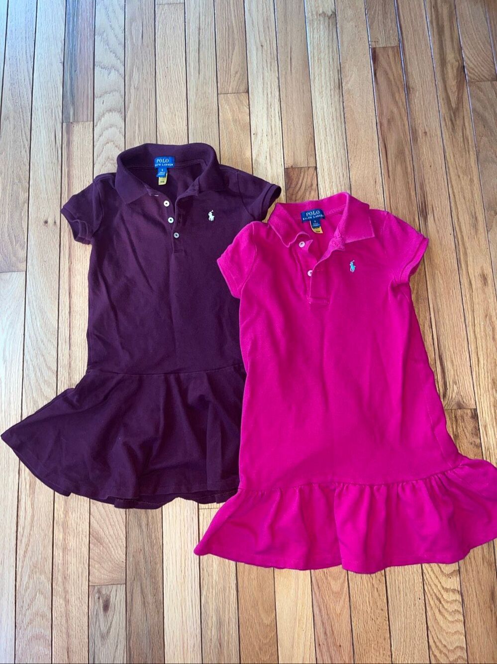 Bundle of 2 Polo Ralph Lauren Girls 6 Dress Pink Maroon Ruffle Hem Short Sleeve